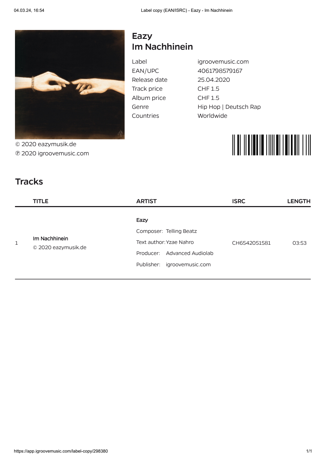 Original-Labelcopy Im Nachhinein, Seite 1 von 9
