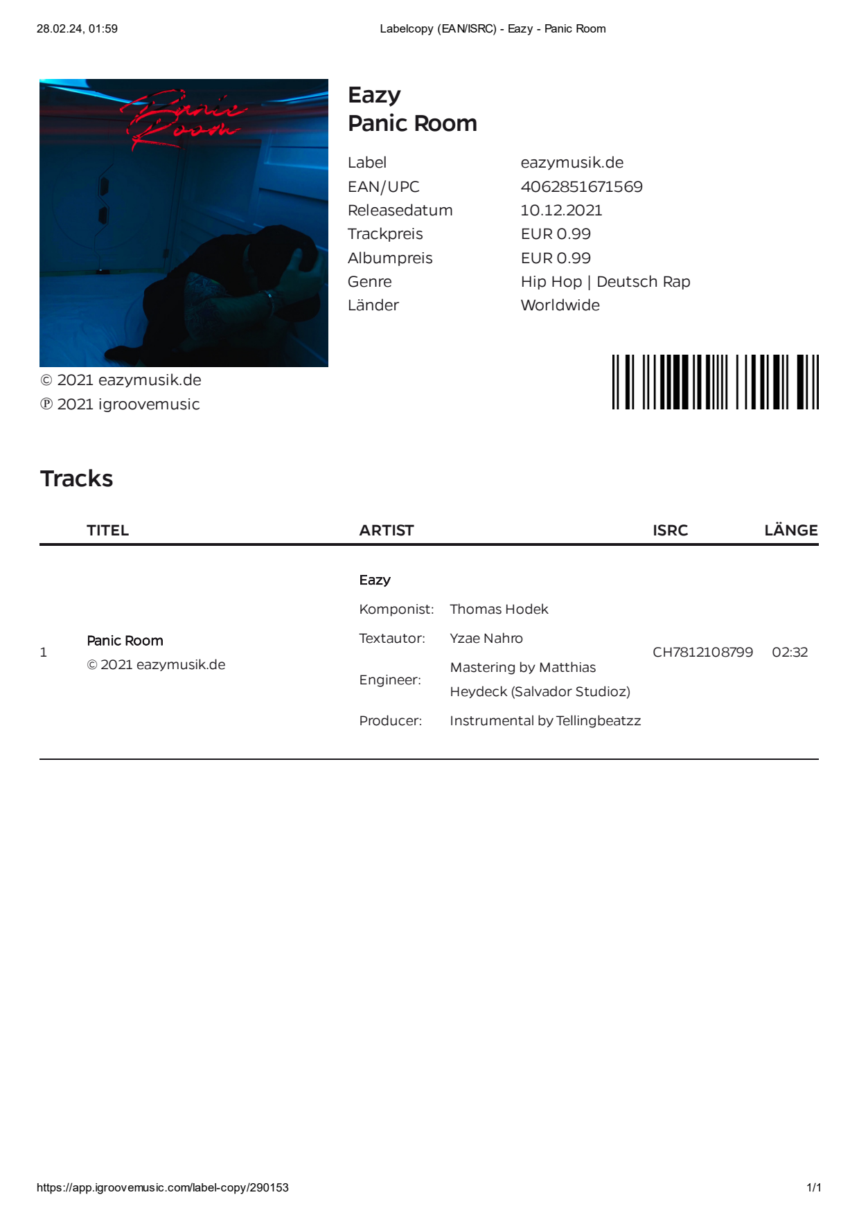 Original-Labelcopy Panic Room, Seite 2 von 9